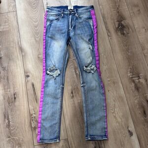 KDNK Men's Distressed Skinny Jeans Purple Side Stripe Paint Splatter Blue 30x30
